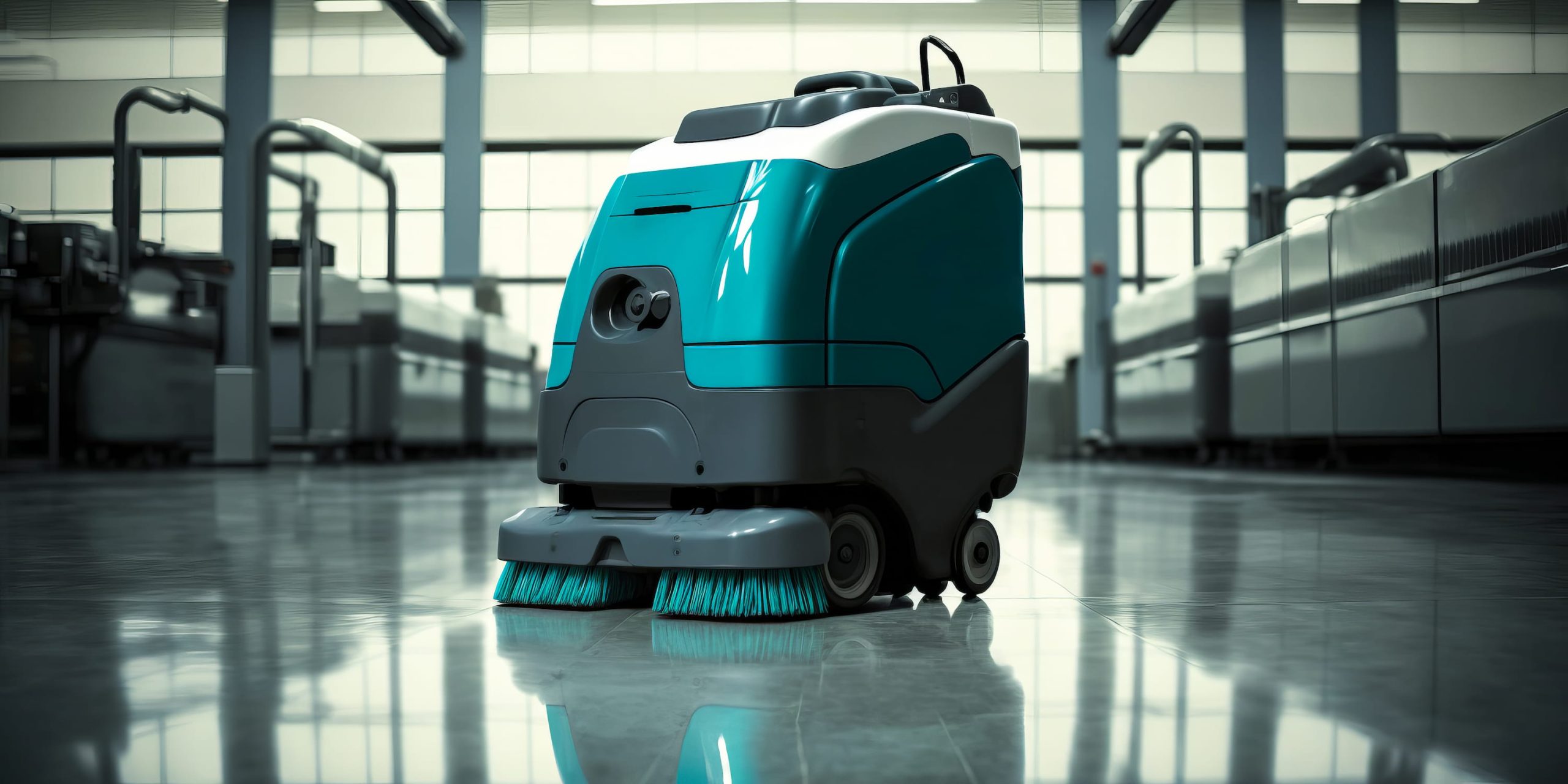 Blue and grey IOT robot vacuum cleaner in industrial setting