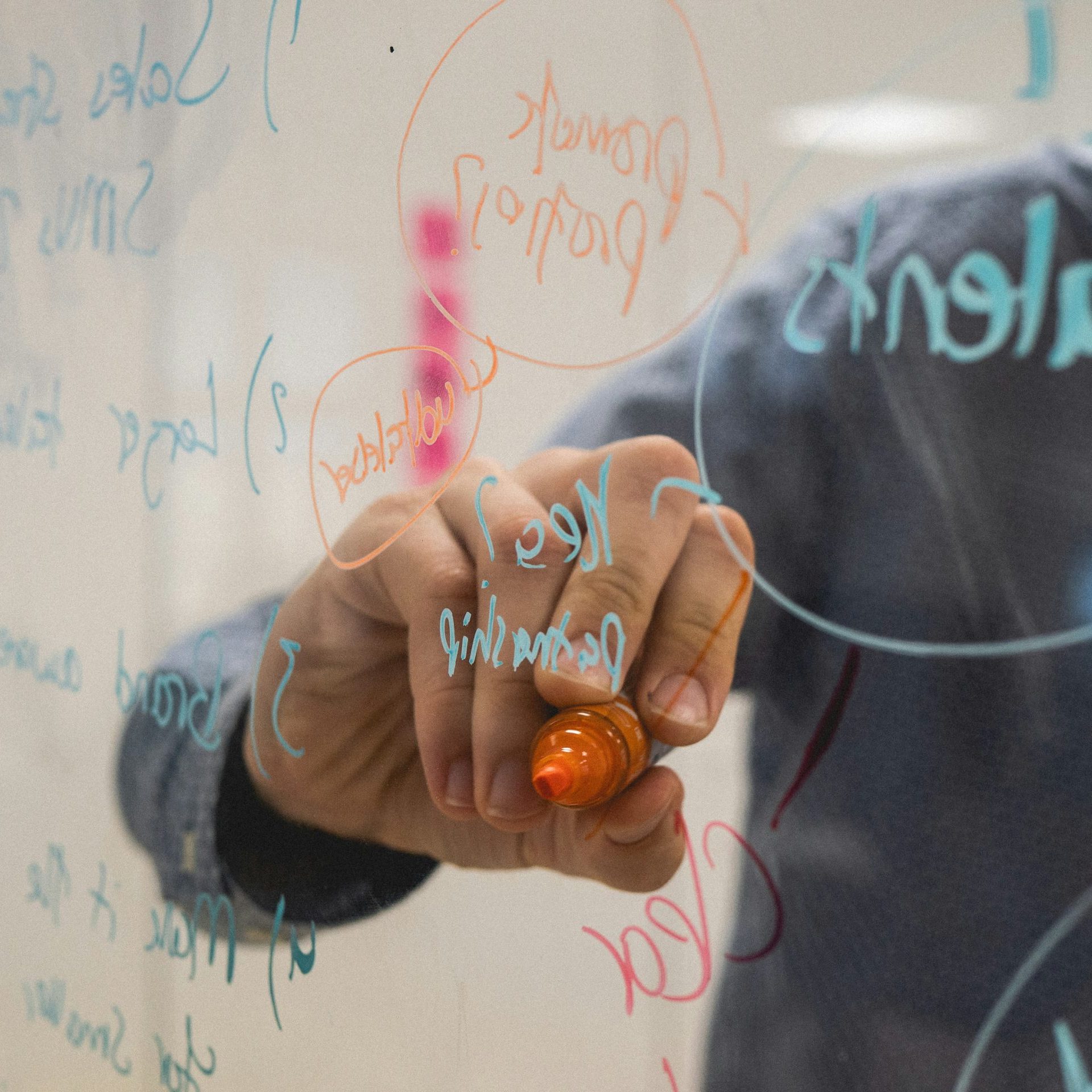 Person from IoT innovation consultancy writing on a glass board with a red marker, viewed from behind the glass.